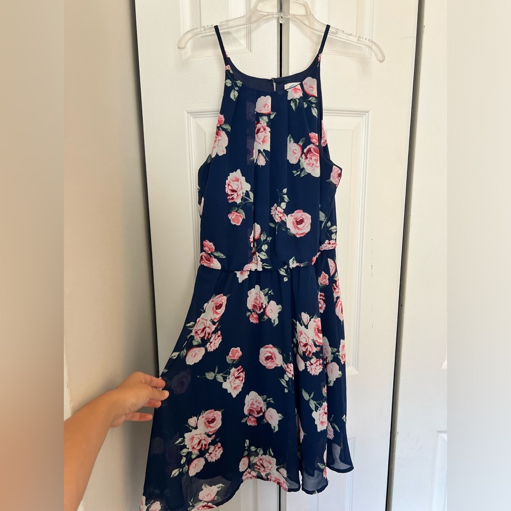 Francesca’s Women’s Blue Rain M Pink Floral Rose Mini Sleeveless Dress